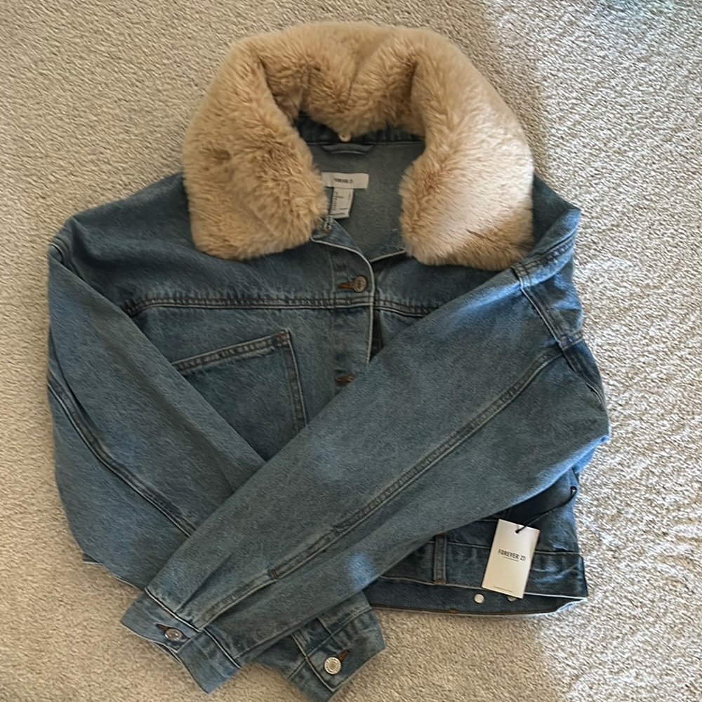 Forever 21 Blue and Cream Jean Jacket with Plush Collar